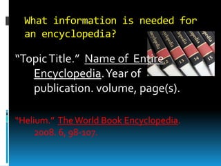 What information is needed for
an encyclopedia?

“Topic Title.” Name of Entire
Encyclopedia. Year of
publication. volume, page(s).
“Helium.” The World Book Encyclopedia.
2008. 6, 98-107.

 