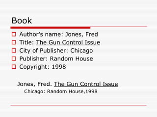 BookAuthor’s name: Jones, FredTitle: The Gun Control IssueCity of Publisher: ChicagoPublisher: Random HouseCopyright: 1998     Jones, Fred. The Gun Control Issue    Chicago: Random House,1998