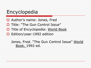 EncyclopediaAuthor’s name: Jones, FredTitle: “The Gun Control Issue”Title of Encyclopedia: World BookEdition/year:1992 edition    Jones, Fred. “The Gun Control Issue” World      Book. 1992 ed.