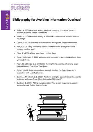 Bibliography for Avoiding Information Overload

 •   Bailey, S. (2003) Academic writing [electronic resource] : a practical guide for
     students, England, Nelson Thornes Ltd.

 •   Bailey, S. (2006) Academic writing: a handbook for international students, London,
     Routledge.

 •   Cottrell, S. (2008) The study skills handbook, Basingstoke, Palgrave Macmillan.

 •   Hart, C. 2001. Doing a literature search: a comprehensive guide for the social
     sciences, London, SAGE.

 •   Oliver, P. (2008) Writing your thesis, London, Sage.

 •   Orna, E. & Stevens, G. 1995. Managing information for research, Buckingham, Open
     University Press.

 •   Pears, R. & Shields, G. J. (2008) Cite them right: the essential referencing guide,
     Newcastle upon Tyne, Pear Tree Books.

 •   Potter, S. 2006. Doing postgraduate research, London, The Open University in
     association with SAGE Publications.

 •   Swales, J. M. & Feak, C. B. (2004) Academic writing for graduate students: essential
     tasks and skills, Ann Arbor, Mich., University of Michigan P.

 •   Swetnam, D. (2004) Writing your dissertation: how to plan, prepare and present
     successful work, Oxford, How to Books.
 