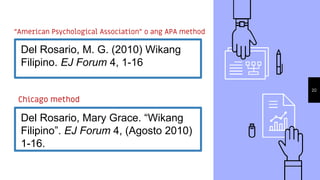 Chicago method
Del Rosario, Mary Grace. “Wikang
Filipino”. EJ Forum 4, (Agosto 2010)
1-16.
20
Del Rosario, M. G. (2010) Wikang
Filipino. EJ Forum 4, 1-16
“American Psychological Association” o ang APA method
 