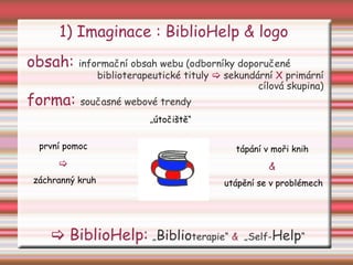 obsah:   informační obsah webu (odborníky doporučené biblioterapeutické tituly     sekundární  X  primární  cílová skupina)  forma:   současné webové trendy  1) Imaginace : BiblioHelp  &  logo      BiblioHelp:   „ Biblio terapie“  &   „Self- Help “ první pomoc     záchranný kruh tápání v moři knih  &   utápění se v problémech „ útočiště“ 