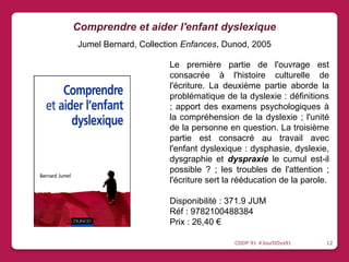 Le première partie de l'ouvrage est
consacrée à l'histoire culturelle de
l'écriture. La deuxième partie aborde la
problématique de la dyslexie : définitions
; apport des examens psychologiques à
la compréhension de la dyslexie ; l'unité
de la personne en question. La troisième
partie est consacré au travail avec
l'enfant dyslexique : dysphasie, dyslexie,
dysgraphie et dyspraxie le cumul est-il
possible ? ; les troubles de l'attention ;
l'écriture sert la rééducation de la parole.
Disponibilité : 371.9 JUM
Réf : 9782100488384
Prix : 26,40 €
Comprendre et aider l'enfant dyslexique
Jumel Bernard, Collection Enfances, Dunod, 2005
CDDP 91 #JourDDys91 12
 