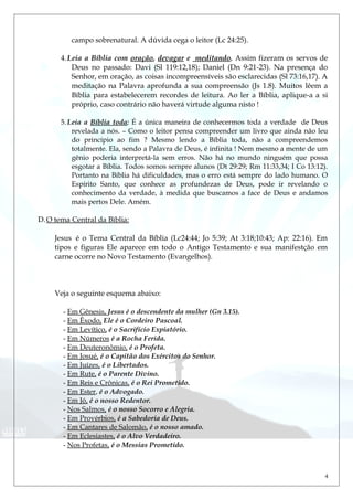 campo sobrenatural. A dúvida cega o leitor (Lc 24:25).
4.Leia a Bíblia com oração, devagar e meditando. Assim fizeram os servos de
Deus no passado: Davi (Sl 119:12,18); Daniel (Dn 9:21-23). Na presença do
Senhor, em oração, as coisas incompreensíveis são esclarecidas (Sl 73:16,17). A
meditação na Palavra aprofunda a sua compreensão (Js 1.8). Muitos lêem a
Bíblia para estabelecerem recordes de leitura. Ao ler a Bíblia, aplique-a a si
próprio, caso contrário não haverá virtude alguma nisto !
5. Leia a Bíblia toda: É a única maneira de conhecermos toda a verdade de Deus
revelada a nós. – Como o leitor pensa compreender um livro que ainda não leu
do princípio ao fim ? Mesmo lendo a Bíblia toda, não a compreendemos
totalmente. Ela, sendo a Palavra de Deus, é infinita ! Nem mesmo a mente de um
gênio poderia interpretá-la sem erros. Não há no mundo ninguém que possa
esgotar a Bíblia. Todos somos sempre alunos (Dt 29:29; Rm 11:33,34; I Co 13:12).
Portanto na Bíblia há dificuldades, mas o erro está sempre do lado humano. O
Espírito Santo, que conhece as profundezas de Deus, pode ir revelando o
conhecimento da verdade, à medida que buscamos a face de Deus e andamos
mais pertos Dele. Amém.
D.O tema Central da Bìblia:
Jesus é o Tema Central da Bíblia (Lc24:44; Jo 5:39; At 3:18;10:43; Ap: 22:16). Em
tipos e figuras Ele aparece em todo o Antigo Testamento e sua manifestção em
carne ocorre no Novo Testamento (Evangelhos).
Veja o seguinte esquema abaixo:
- Em Gênesis, Jesus é o descendente da mulher (Gn 3.15).
- Em Êxodo, Ele é o Cordeiro Pascoal.
- Em Levítico, é o Sacrifício Expiatório.
- Em Números é a Rocha Ferida.
- Em Deuteronômio, é o Profeta.
- Em Josué, é o Capitão dos Exércitos do Senhor.
- Em Juízes, é o Libertados.
- Em Rute, é o Parente Divino.
- Em Reis e Crônicas, é o Rei Prometido.
- Em Ester, é o Advogado.
- Em Jó, é o nosso Redentor.
- Nos Salmos, é o nosso Socorro e Alegria.
- Em Provérbios, é a Sabedoria de Deus.
- Em Cantares de Salomão, é o nosso amado.
- Em Eclesiastes, é o Alvo Verdadeiro.
- Nos Profetas, é o Messias Prometido.
4
 