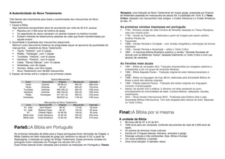 A Autenticidade do Novo Testamento
Três fatores são importantes para testar a autenticidade dos manuscritos do Novo
Testamento
1. Causa e Efeito
Algo realmente extraordinário deve ter acontecido por volta de 30 A.D. porque
 Resultou em 2.000 anos de história da igreja
 Os seguidores de Jesus causaram um grande impacto na história mundial
 Existem milhares de testemunhos pessoas de vidas que foram transformadas por
aquele evento
2. Quantidade e Qualidade dos manuscritos disponíveis
Nenhum outro documento histórico da antiguidade siquer se aproxima da quantidade de
manuscritos existente do Novo Testamento.
 Tácito, "História", com 5 cópias
 Platão, "Tetralogia", com 7 cópias
 Tucídides, "História", com 8 cópias
 Heródoto, "História", com 8 cópias
 César, "Gerras Gálicas", com 10 cópias
 Aristóteles, com 49 cópias
 Homero, Illíada, com 643 cópias
 Novo Testamento com 48.600 manuscritos
3. Espaço de tempo entre o original e as primeiras cópias
Outros Manuscritos
Autor Documento Original Manuscrito Intervalo
Cesar
Tácito
Tucídides
Heródoto
Platão
Aristóteles
Guerras
Histórias
Histórias
Histórias
Tetralogias
58-58 a.C
100 dC
460-400 aC
488-428 aC
427-347 aC
3840322 ac
850 dC
850 dC
900 dC
850 dC
900 dC
1100 dC
900 anos
750 anos
1300 anos
1300 anos
1250 anos
1400 anos
Manuscritos do Novo Testamento
Livro Nome do MS Original Manuscrito Intervalo
Ev. João
Ev. João
NT
Bíblia toda
Bíblia toda
John Ryland
Bodmer Papyr
Cherter Papyri
Code Vaticanus
Code Sinaíticus
85 dC
85 dC
45-95 dC
45-95 dC
45-95 dC
115 dC
150 dC
150 dC
325 dC
350 dC
30 anos
65 anos
55 anos
250 anos
275 anos
Parte5::A Bíblia em Português
As primeiras traduções da bíblia para a língua portuguesa foram derivadas da Vulgata, a
Bíblia Católica em latim traduzida do grego por Jerônimo no século IV DC a partir da
Septuaginta, a tradução em grego do Antigo Testamento. Essas primeiras versões em
português foram realizadas em Portugal nos séculos XIII a XV.
Duas fontes básicas foram utilizadas para produzir as traduções em Português,o Textus
Receptus, uma tradução do Novo Testamento em língua grega, preparada por Erasmo
de Rotterdam,baseada em manuscritos do século XII, e publicada em 1516. E o Texto
Crítico, baseado nos manuscritos mais antigos, o Codex Vaticanus e o Codex Sinaiticus,
do Séc. IV.
As primeiras versões impressas em português
 1753 - Primeira versão de João Ferreira de Almeida, baseada no Textus Receptus,
mas com muitos erros.
 1790 - Versão de Figueiredo, elaborada a partir da Vulgata pelo padre católico
Antônio Pereira de
 Figueiredo.
 1898 – Versão Revista e Corrigida – com revisão ortográfica e eliminação de termos
obsoletos.
 1956 – Versão Revista e Atualizada – utiliza o Texto Crítico
 1967 - A Imprensa Bíblica Brasileira publicou a versão: “Almeida Revisada de
Acordo com os Melhores Textos”, baseada totalmente no Texto Crítico e com uso
abusivo de variantes.
As Versões mais atuais
 1981 – Bíblia de Jerusalém (BJ). Tradução empreendida por exegetas católicos e
protestantes e por um grupo de revisores literários.
 1982 – Bíblia Sagrada Vozes – Tradução original do texto hebraico/aramaico e
grego.
 1988 – Bíblia na linguagem de hoje (BLH), elaborada pela Sociedade Bíblica do
Brasil a partir dos idiomas originais.
 1990 – Edição pastoral Paulus - Tradução dos textos originais em linguagem
corrente. A preocupação
 básica, de acordo com a editora, é oferecer um texto acessível ao povo,
principalmente às comunidades de base, círculos bíblicos, catequese, escolas,
celebrações.
 2001 – Nova Versão Internacional (NVI) - Publicada pela Editora Vida e pela
Sociedade Bíblica Internacional. Tem sido elogiada pela clareza do texto. Baseada
no Texto Crítico.
Final::A Bíblia por si mesma
A unidade da Bíblia
 66 livros (39 do AT e 27 do NT)
 1500 anos para ser composta, contendo documentos de mais de 4.000 anos de
idade
 40 autores de diversos níveis culturais
 Escrita em 3 línguas básicas, hebraico, aramaico e grego
 Diversas culturas e três continentes, Ásia, África e Europa
 Um único problema: o pecado
 Uma única solução: O salvador Jesus
 