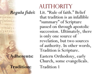 Authority
Regula fidei: Lit. ―Rule of faith.‖ Belief
              that tradition is an infallible
              ―summary‖ of Scripture
              passed on through apostolic
              succession. Ultimately, there
              is only one source of
              revelation, but two sources
              of authority. In other words,
              Tradition is Scripture.
Adherents: Eastern Orthodoxy, early
              Church, some evangelicals.
Tradition:    Tradition 1
 