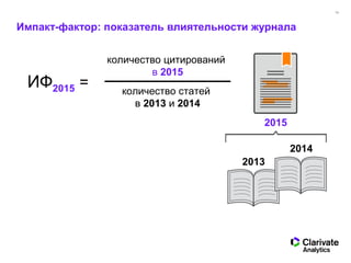 12
Импакт-фактор: показатель влиятельности журнала
ИФ2015 =
количество цитирований
в 2015
количество статей
в 2013 и 2014
2013
2014
2015
 