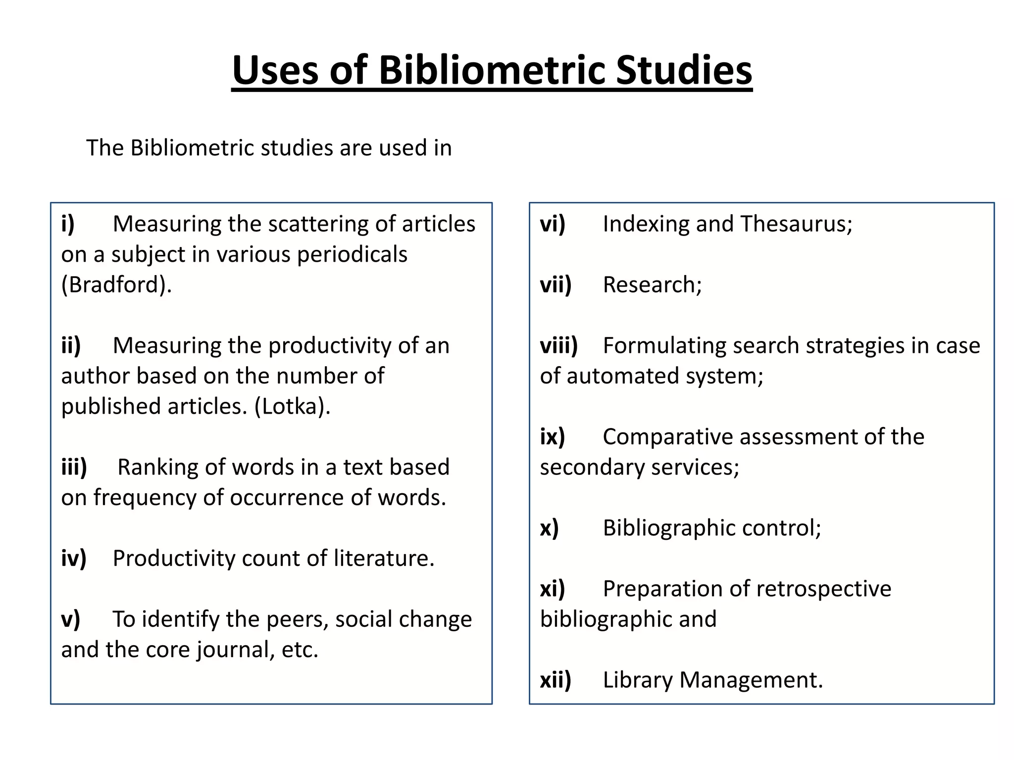 i) Measuring the scattering of articles
on a subject in various periodicals
(Bradford).
ii) Measuring the productivity of an
author based on the number of
published articles. (Lotka).
iii) Ranking of words in a text based
on frequency of occurrence of words.
iv) Productivity count of literature.
v) To identify the peers, social change
and the core journal, etc.
vi) Indexing and Thesaurus;
vii) Research;
viii) Formulating search strategies in case
of automated system;
ix) Comparative assessment of the
secondary services;
x) Bibliographic control;
xi) Preparation of retrospective
bibliographic and
xii) Library Management.
Uses of Bibliometric Studies
The Bibliometric studies are used in
 