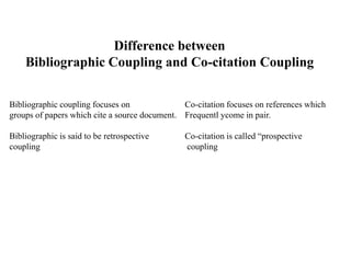 Difference between
Bibliographic Coupling and Co-citation Coupling
Bibliographic coupling focuses on Co-citation focuses on references which
groups of papers which cite a source document. Frequentl ycome in pair.
Bibliographic is said to be retrospective Co-citation is called “prospective
coupling coupling
 