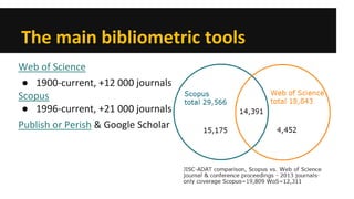 The main bibliometric tools 
Web of Science 
● 
1900-current, +12 000 journals 
Scopus 
● 
1996-current, +21 000 journals 
Publish or Perish & Google Scholar 
 