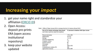 Increasing your impact 
1. 
get your name right and standardize your affiliation (ORCiD ID) 
2. 
Open Access: deposit pre-prints ERA (open access institutional repository) 
3. 
keep your website updated  