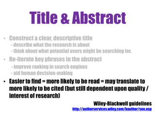 Further Reading 
Pendlebury, D.A. (2009) The use and misuse of journal metrics and other citation indicators. Archivumimmunologiae et 
therapiae experimentalis. 57(1): 1-11 (includes “ten commandments of citation analysis”) 
Smeyers, P & Burbules, N.C. (2011) How to improve your impact factor: questioning the quantification of academic 
quality. Journal of Philosophy of Education. 45(1): 1-17 
Van Noorden, R. (2010) A profusion of measures. Nature. 465: 864-866 (has a handy “field guide to metrics”) 
Van Noorden, R., Maher, B and Nuzzo, R (Oct 2014) Nature. “The top 100 papers” http://www.nature.com/news/the-top-100- 
papers-1.16224 
www.journalmetrics.com(2010) The evolution of journal assessment. (compares SCIMagoJR, AI, SNIP and JIF metrics in 
table at the en 
(2007) Show me the data. Journal of Cell Biology. 179 (6): 1091 Available at 
http://jcb.rupress.org/content/179/6/1091.full 
Why you should ignore altmetrics and other bibliometric nightmares (Jan 16 2014); http://www.dcscience.net/?p=6369 
 