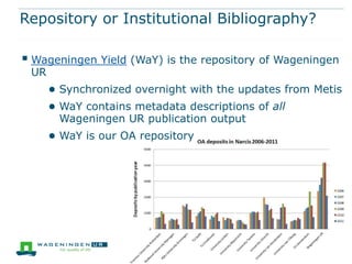 Repository or Institutional Bibliography?

 Wageningen Yield (WaY) is the repository of Wageningen
 UR
      ● Synchronized overnight with the updates from Metis
      ● WaY contains metadata descriptions of all
       Wageningen UR publication output
      ● WaY is our OA repository
 