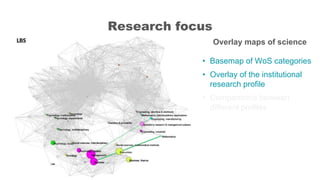 Research focus
Overlay maps of science
• Basemap of WoS categories
• Overlay of the institutional
research profile
• Compa...