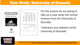 Case Study: University of Granada
For this course we are going to
take as a case study the annual
memory from the University of
Granada
“Indicators and statistics at the
University of Granada”
Download at: https://investigacion.ugr.es/ugrinvestiga/pages/cifras
 