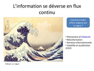 L’information se déverse en flux
                     continu
                                     Comment éviter
                                    d’être englouti par
                                        la vague ?



                                 • Phénomène d’infobésité
                                 • Mésinformation
                                 • Amnésie informationnelle
                                 • Volatilité et accélération
                                 




Hokusai. La vague.
 
