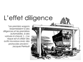 L’effet diligence
      "Les premiers wagons
        ressemblaient à des




                                 Image : Wikimedia Commons
diligences et les premières
         automobiles, à des
  voitures à cheval. […] Le
     risque est d’utiliser des
 outils nouveaux avec des
       protocoles anciens".
           Jacques Perriault
 