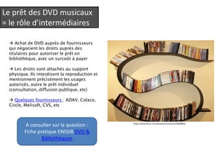 Le prêt des DVD musicaux
= le rôle d’intermédiaires

  Achat de DVD auprès de fournisseurs
 qui négocient les droits aupr...