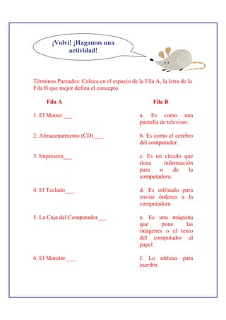 ¡Volví! ¡Hagamos una
              actividad!



Términos Pareados: Coloca en el espacio de la Fila A, la letra de la
Fila B que mejor defina el concepto.

     Fila A                                        Fila B

1. El Mouse ___                              a. Es como una
                                             pantalla de televisor.

2. Almacenamiento (CD) ___                   b. Es como el cerebro
                                             del computador.

3. Impresora___                              c. Es un círculo que
                                             tiene    información
                                             para   o     de    la
                                             computadora.

4. El Teclado___                             d. Es utilizado para
                                             enviar órdenes a la
                                             computadora

5. La Caja del Computador___                 e. Es una máquina
                                             que     pone    las
                                             imágenes o el texto
                                             del computador al
                                             papel.

6. El Monitor ___                            f. Lo utilizas para
                                             escribir.
 