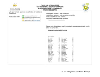 FACULTAD DE INGENIERÍA
                                            GESTIÓN BÁSICA DE LA INFORMACIÓN
                                               ACTIVIDAD PORTALES UNIMINUTO
                                                      PRIMER SEMESTRE
¿En que formato aparecen los artículos de la tabla de
contenido?                                               -usted tiene acceso a este contenido.
                                                         -usted tiene acceso a esta parte del contenido.
Traduzca la tabla                                        -texto completo en sitio externo.
                                                         -acceso a citaciones mirar accesos.




                                                          Pegue aquí el pantallazo que le muestre la revista seleccionada con la
                                                          tabla de contenidos.




                                                                                 Lic. Ana Tulia y Dora Lucia Torres Manrique
 