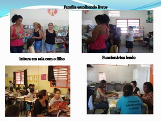 Família escolhendo livrosFuncionários lendoleitura em sala com o filho 