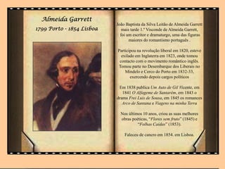Almeida Garrett
1799 Porto - 1854 Lisboa
João Baptista da Silva Leitão de Almeida Garrett
mais tarde 1.º Visconde de Almeida Garrett,
foi um escritor e dramaturgo, uma das figuras
maiores do romantismo português .
Participou na revolução liberal em 1820, esteve
exilado em Inglaterra em 1823, onde tomou
contacto com o movimento romântico inglês.
Tomou parte no Desembarque dos Liberais no
Mindelo e Cerco do Porto em 1832-33,
exercendo depois cargos políticos
Em 1838 publica Um Auto de Gil Vicente, em
1841 O Alfageme de Santarém, em 1843 o
drama Frei Luis de Sousa, em 1845 os romances
Arco de Santana e Viagens na minha Terra
Nos últimos 10 anos, criou as suas melhores
obras poéticas, “Flores sem fruto” (1845) e
“Folhas Caídas” (1853).
Faleceu de cancro em 1854. em Lisboa.
 