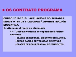 ►OS CONTRATO PROGRAMA
CURSO 2012-2013: ACTUACIÓNS SOLICITADAS
DENDE O IES DE VILALONGA Á ADMINISTRACIÓN
EDUCATIVA.
1.- Atención directa ao alumnado
1.1.- Desenvolvemento de capacidades-reforzo
educativo.
●CLASES DE REFORZO, ORIENTACIÓN E APOIO.
●CURSO BÁSICO DE TÉCNICAS DE ESTUDO
●CLASES DE RECUPERACIÓN DE PENDENTES
 