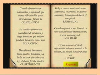 Regresar
Cuando demuestro con
naturalidad y seguridad, que
hemos sido solución para
otros clientes, facilito la
CONFIANZA.
Al escuchar primero las
necesidades de mi cliente y
luego demuestro que nuestro
producto las cubre, somos una
SOLUCION.
Describiendo brevemente
todos nuestros productos y el
hecho de estar ajustados a la
ley, el cliente percibe nuestro
CUBRIMIENTO.
Si doy a conocer nuestra estructura
empresarial en términos de recursos
humanos y tecnológicos, despierto el
concepto de
RESPALDO.
Cuando respondo a una llamada o
envío una cotización oportunamente,
se crea una imagen de
AGILIDAD.
Al dar a conocer al cliente
información adicional asociada a la
solución, me pueden considerar como
un
ASESOR.
 