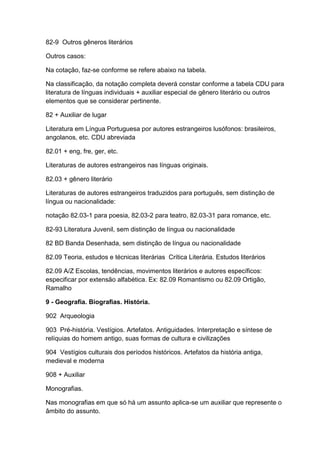 82-9 Outros gêneros literários

Outros casos:

Na cotação, faz-se conforme se refere abaixo na tabela.

Na classificação, da notação completa deverá constar conforme a tabela CDU para
literatura de línguas individuais + auxiliar especial de gênero literário ou outros
elementos que se considerar pertinente.

82 + Auxiliar de lugar

Literatura em Língua Portuguesa por autores estrangeiros lusófonos: brasileiros,
angolanos, etc. CDU abreviada

82.01 + eng, fre, ger, etc.

Literaturas de autores estrangeiros nas línguas originais.

82.03 + gênero literário

Literaturas de autores estrangeiros traduzidos para português, sem distinção de
língua ou nacionalidade:

notação 82.03-1 para poesia, 82.03-2 para teatro, 82.03-31 para romance, etc.

82-93 Literatura Juvenil, sem distinção de língua ou nacionalidade

82 BD Banda Desenhada, sem distinção de língua ou nacionalidade

82.09 Teoria, estudos e técnicas literárias Crítica Literária. Estudos literários

82.09 A/Z Escolas, tendências, movimentos literários e autores específicos:
especificar por extensão alfabética. Ex: 82.09 Romantismo ou 82.09 Ortigão,
Ramalho

9 - Geografia. Biografias. História.

902 Arqueologia

903 Pré-história. Vestígios. Artefatos. Antiguidades. Interpretação e síntese de
relíquias do homem antigo, suas formas de cultura e civilizações

904 Vestígios culturais dos períodos históricos. Artefatos da história antiga,
medieval e moderna

908 + Auxiliar

Monografias.

Nas monografias em que só há um assunto aplica-se um auxiliar que represente o
âmbito do assunto.
 