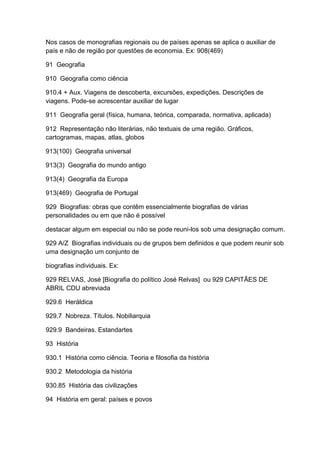 Nos casos de monografias regionais ou de países apenas se aplica o auxiliar de
país e não de região por questões de economia. Ex: 908(469)

91 Geografia

910 Geografia como ciência

910.4 + Aux. Viagens de descoberta, excursões, expedições. Descrições de
viagens. Pode-se acrescentar auxiliar de lugar

911 Geografia geral (física, humana, teórica, comparada, normativa, aplicada)

912 Representação não literárias, não textuais de uma região. Gráficos,
cartogramas, mapas, atlas, globos

913(100) Geografia universal

913(3) Geografia do mundo antigo

913(4) Geografia da Europa

913(469) Geografia de Portugal

929 Biografias: obras que contêm essencialmente biografias de várias
personalidades ou em que não é possível

destacar algum em especial ou não se pode reuni-los sob uma designação comum.

929 A/Z Biografias individuais ou de grupos bem definidos e que podem reunir sob
uma designação um conjunto de

biografias individuais. Ex:

929 RELVAS, José [Biografia do político José Relvas] ou 929 CAPITÃES DE
ABRIL CDU abreviada

929.6 Heráldica

929.7 Nobreza. Títulos. Nobiliarquia

929.9 Bandeiras. Estandartes

93 História

930.1 História como ciência. Teoria e filosofia da história

930.2 Metodologia da história

930.85 História das civilizações

94 História em geral: países e povos
 