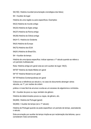 94(100) História mundial (enumeração cronológica dos fatos)

94 + Auxiliar de lugar

História de uma região ou país específicos. Exemplos:

94(3) História do mundo antigo

94(33) História do Egito antigo

94(37) História da Roma antiga

94(38) História da Grécia antiga

94(4+7) História do Ocidente

94(4) História da Europa

94(73) História dos EUA

94(81) História do Brasil Etc.

94 + Auxiliar de tempo

História de uma época específica: indicar apenas o 1º século quando se refere a
um período multissecular.

Nota: História antiga em geral cota-se com auxiliar de lugar: 94(3).

94"05" História da Idade Média em geral

94"15" História Moderna em geral

94”18”História Contemporânea em geral

Coloca-se a referência ao século e, no caso do documento abranger vários
séculos, ao 1º, por razões de ordem

prática: é mais fácil de arrumar e evita-se um excesso de algarismos e símbolos.

94 + Auxiliar de povo ou raça; também de gênero

História de determinados povos ou raças, de gênero, etc.

94(469) História de Portugal (geral)

94(469) + Auxiliar de tempo (só o 1º século)

História de Portugal quando se pode especificar um período de tempo, assinalando
o século.

Esta arrumação por auxiliar de tempo impôs-se por reclamação dos leitores, que a
consideram mais conveniente.
 