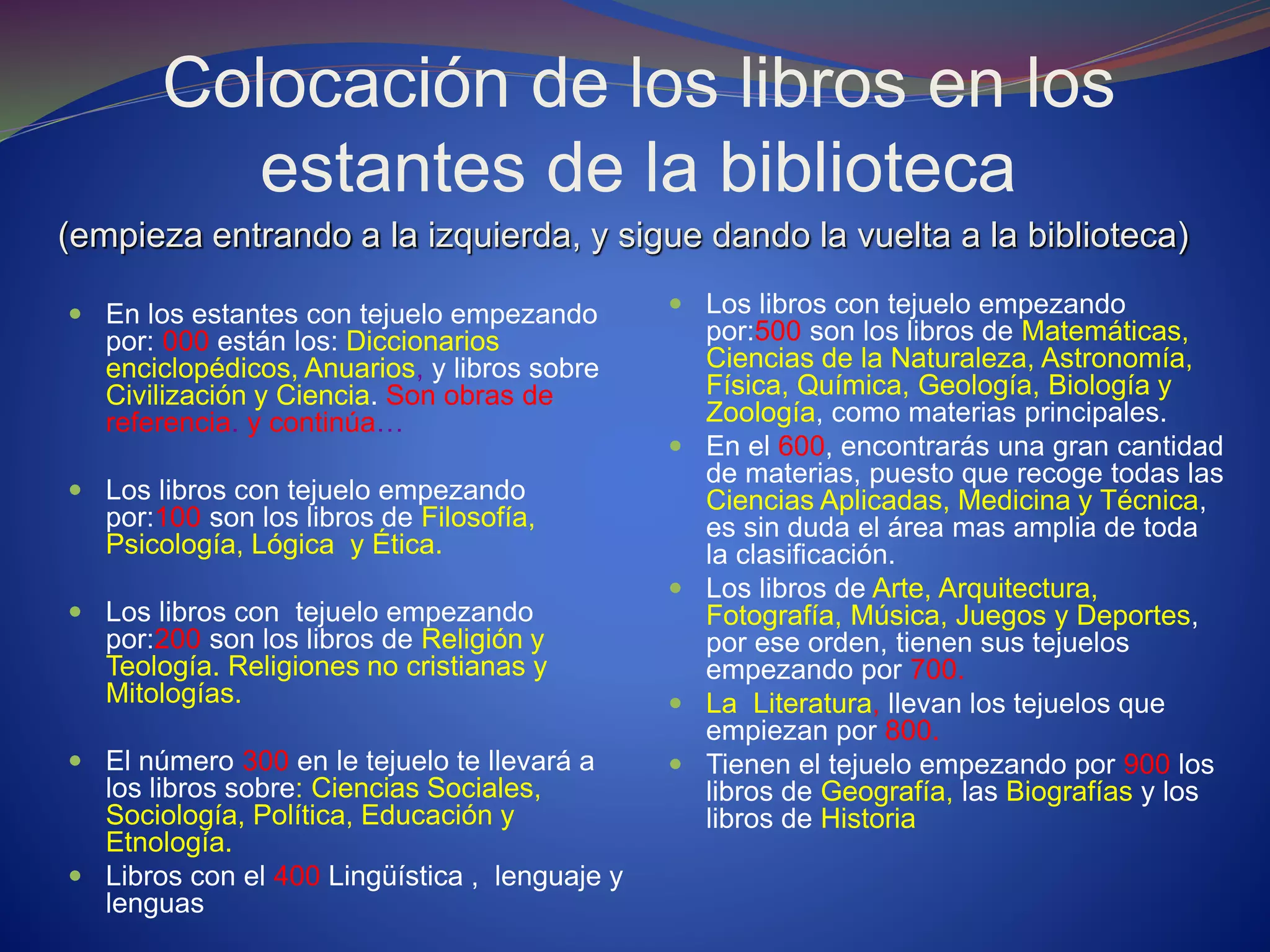 Colocación de los libros en los
estantes de la biblioteca
(empieza entrando a la izquierda, y sigue dando la vuelta a la biblioteca)
 En los estantes con tejuelo empezando
por: 000 están los: Diccionarios
enciclopédicos, Anuarios, y libros sobre
Civilización y Ciencia. Son obras de
referencia. y continúa…
 Los libros con tejuelo empezando
por:100 son los libros de Filosofía,
Psicología, Lógica y Ética.
 Los libros con tejuelo empezando
por:200 son los libros de Religión y
Teología. Religiones no cristianas y
Mitologías.
 El número 300 en le tejuelo te llevará a
los libros sobre: Ciencias Sociales,
Sociología, Política, Educación y
Etnología.
 Libros con el 400 Lingüística , lenguaje y
lenguas
 Los libros con tejuelo empezando
por:500 son los libros de Matemáticas,
Ciencias de la Naturaleza, Astronomía,
Física, Química, Geología, Biología y
Zoología, como materias principales.
 En el 600, encontrarás una gran cantidad
de materias, puesto que recoge todas las
Ciencias Aplicadas, Medicina y Técnica,
es sin duda el área mas amplia de toda
la clasificación.
 Los libros de Arte, Arquitectura,
Fotografía, Música, Juegos y Deportes,
por ese orden, tienen sus tejuelos
empezando por 700.
 La Literatura, llevan los tejuelos que
empiezan por 800.
 Tienen el tejuelo empezando por 900 los
libros de Geografía, las Biografías y los
libros de Historia
 