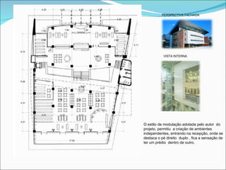 PERSPECTIVA FACHADA




           VISTA INTERNA




O estilo de modulação adotada pelo autor do
projeto, permitiu a criação de ambientes
independentes, entrando na recepção, onde se
destaca o pé direito duplo , fica a sensação de
ter um prédio dentro de outro.
 