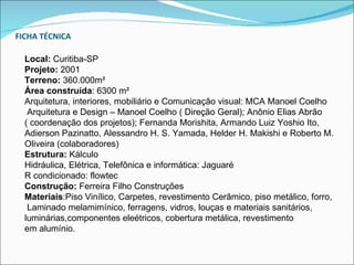 FICHA TÉCNICA

  Local: Curitiba-SP
  Projeto: 2001
  Terreno: 360.000m²
  Área construída: 6300 m²
  Arquitetura, interiores, mobiliário e Comunicação visual: MCA Manoel Coelho
   Arquitetura e Design – Manoel Coelho ( Direção Geral); Anônio Elias Abrão
  ( coordenação dos projetos); Fernanda Morishita, Armando Luiz Yoshio Ito,
  Adierson Pazinatto, Alessandro H. S. Yamada, Helder H. Makishi e Roberto M.
  Oliveira (colaboradores)
  Estrutura: Kálculo
  Hidráulica, Elétrica, Telefônica e informática: Jaguaré
  R condicionado: flowtec
  Construção: Ferreira Filho Construções
  Materiais:Piso Vinílico, Carpetes, revestimento Cerâmico, piso metálico, forro,
   Laminado melamimínico, ferragens, vidros, louças e materiais sanitários,
  luminárias,componentes eleétricos, cobertura metálica, revestimento
  em alumínio.
 