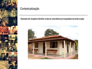 Contextualização
Exemplo de receptivo familiar ondeos voluntáriosse hospedam durantea ação
 
