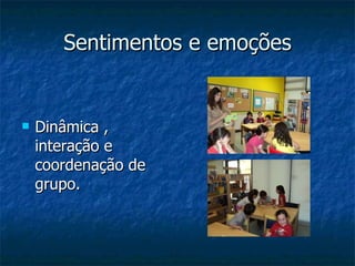 Sentimentos e emoções Dinâmica , interação e coordenação de  grupo. 