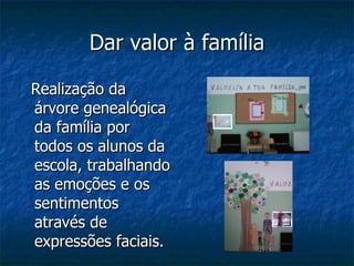 Dar valor à família Realização da árvore genealógica da família por todos os alunos da escola, trabalhando as emoções e os sentimentos através de expressões faciais. 