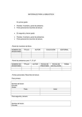MATERIALES PARA LA BIBLIOTECA
En primer grado
• Paneles: Inventario, panel de préstamo.
• Ficha personal de recorrido de lectura
• En segundo y tercer grado
• Paneles: Inventario, panel de préstamos.
• Ficha personal de recorrido de lectura.
-Panel de inventario de libros
NÚMERO DE
INVENTARIO
TÍTULO AUTOR COLECCIÓN EDITORIAL
-Panel de préstamos para 1º, 2º y3º
NÚMERO DE
INVENTARIO
TÍTULO AUTOR FECHA DE
PRESTAMO
FECHA DE
DEVOLUCIÓN
FIRMA
-Fichas personales: Recorrido de lectura
Para primero
Nombre del lector:
Escuela:
Grado:
Título Autor
Para segundo y tercero
Nombre del lector:
Escuela:
 