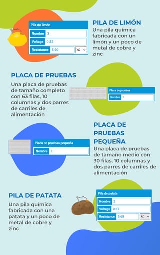 PLACA DE PRUEBAS
Una placa de pruebas
de tamaño completo
con 63 filas, 10
columnas y dos parres
de carriles de
alimentación
PILA DE PATATA
Una pila química
fabricada con un
limón y un poco de
metal de cobre y
zinc
PILA DE LIMÓN
PLACA DE
PRUEBAS
PEQUEÑA
Una placa de pruebas
de tamaño medio con
30 filas, 10 columnas y
dos parres de carriles de
alimentación
Una pila química
fabricada con una
patata y un poco de
metal de cobre y
zinc
 