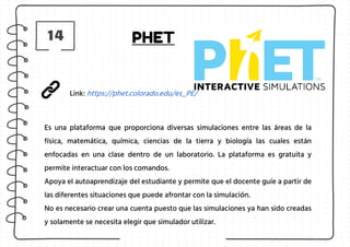 14 PHET
Es una plataforma que proporciona diversas simulaciones entre las áreas de la
física, matemática, química, ciencia...