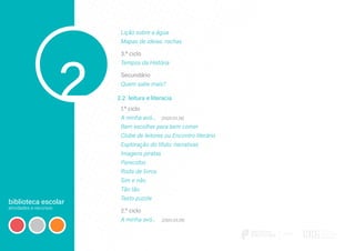 biblioteca escolar
atividades e recursos
2
Lição sobre a água
Mapas de ideias: rochas
3.º ciclo
Tempos da História
Secundário
Quem sabe mais?
2.2 leitura e literacia
1.º ciclo
A minha avó...	 [2020.03.26]
Bem escolher para bem comer
Clube de leitores ou Encontro literário
Exploração do tí­tulo: narrativas
Imagens piratas
Parecidos
Roda de livros
Sim e não
Tão tão
Texto puzzle
2.º ciclo
A minha avó...	 [2020.03.26]
 
