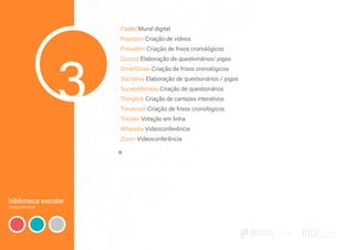 biblioteca escolar
instrumentos
3
Padlet Mural digital
Powtoon Criação de vídeos
Preceden Criação de frisos cronológicos
Quizizz Elaboração de questionários/ jogos
SmartDraw Criação de frisos cronológicos
Socrative Elaboração de questionários / jogos
SurveyMonkey Criação de questionários
Thinglink Criação de cartazes interativos
Timetoast Criação de frisos cronológicos
Tricider Votação em linha
Whereby Videoconferência
Zoom Videoconferência

 