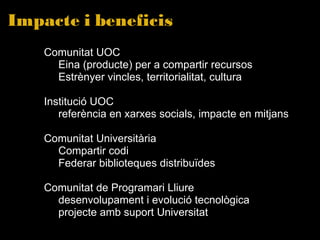 Impacte i beneficis Comunitat UOC  Eina (producte) per a compartir recursos Estrènyer vincles, territorialitat, cultura   Institució UOC referència en xarxes socials, impacte en mitjans   Comunitat Universitària Compartir codi Federar biblioteques distribuïdes   Comunitat de Programari Lliure desenvolupament i evolució tecnològica projecte amb suport Universitat    