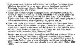 • Se compararmos a pior com a melhor escola com relação ao funcionamento da
biblioteca, o desempenho em português aumenta 5 pontos na escala SAEB
(Sistema de Avaliação da Educação Básica), o que equivale a meio ano de
aprendizado entre o 5º e 9º anos.
• A escola com melhor avaliação do espaço físico da biblioteca tem um IDEB 0,2
maior que a escola com pior espaço físico. Para efeito de magnitude, observa-se
que o Brasil inteiro cresceu 0,3 ponto no IDEB entre 2015 e 2017. A mesma
magnitude de correlação tem o indicador de uso da biblioteca, sendo que para as
escolas mais vulneráveis, a correlação chega a 0,5 ponto no IDEB.
• O resultado sugere que a presença de um responsável qualificado que cuide da
biblioteca e participe de atividades pedagógicas é relevante no aprendizado. A
magnitude do efeito em desempenho em português é de 4 pontos (SAEB), ou um
terço de um ano de aprendizado entre o 5º e 9º anos. A relação é ainda mais
forte nas escolas mais vulneráveis: 16 pontos (SAEB)
• A presença de um professor que se envolva em atividades de pesquisa e leitura, e
incentive os alunos a frequentarem a biblioteca aumenta o desempenho em
português em até 7 pontos na escala SAEB, o que representa 63% de um ano de
aprendizado. Também existe uma correlação alta e positiva do indicador com o
IDEB, equivalente a duas vezes o que o Brasil cresceu em termos de IDEB de 2015
a 2017.
 