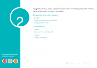 biblioteca escolar
atividades e recursos
2
espaço educativo da escola, agora recriada em novos ambientes que deverão, contudo,
manter a sua missão formativa e identidade.
Currículo, literacias e aprendizagem
3º ciclo
Operação em linha, em segurança
Uma pergunta por dia
Leitura e literacia
1º ciclo
Concurso de escrita: A ponte
2º ciclo
Ler com um sorriso
 