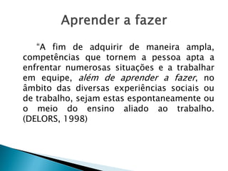 “A fim de adquirir de maneira ampla,
competências que tornem a pessoa apta a
enfrentar numerosas situações e a trabalhar
em equipe, além de aprender a fazer, no
âmbito das diversas experiências sociais ou
de trabalho, sejam estas espontaneamente ou
o meio do ensino aliado ao trabalho.
(DELORS, 1998)
 