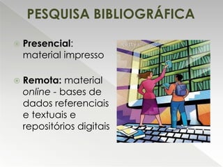PESQUISA BIBLIOGRÁFICA


Presencial:
material impresso



Remota: material
online - bases de
dados referenciais
e textuais e
repositórios digitais

 
