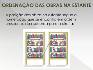ORDENAÇÃO DAS OBRAS NA ESTANTE
 A posição das obras na estante segue a
numeração que se encontra em ordem
crescente, da esquerda para a direita:
 