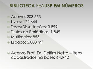  Acervo: 203.553
 Livros: 122.644
 Teses/Dissertações: 3.899
 Títulos de Periódicos: 1.849
 Multimeios: 853
 Espaço: 5.000 m²
 Acervo Prof. Dr. Delfim Netto – itens
cadastrados na base: 64.942
BIBLIOTECA FEAUSP EM NÚMEROS
 