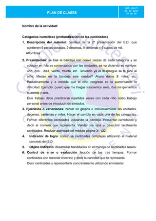 GAF –94-V1
                                                                              02- 22- 2010
                   PLAN DE CLASES                                              16 de 56




Nombre de la actividad:


Categorías numéricas (profundización de las cantidades)
1. Descripción del material: bandeja de la 2º presentación del S.D. que
     contienen 9 perlas doradas, 9 decenas, 9 centenas y 9 cubos de mil.
     Alfombras

2. Presentación: se trae la bandeja con nueve piezas de cada categoría y se
     colocan en hileras comenzando por las unidades, se va diciendo su nombre:
     uno, dos... diez, veinte, treinta, etc. Teniendo ya el despliegue se le pide al
     niño: Medas en la bandeja seis cientos? Ahora dame 8 miles, etc.
     Paulatinamente y a medida que el niño progrese se la aumentando la
     dificultad. Ejemplo: quiero que me traigas trescientos siete, dos mil quinientos
     cuarenta y seis.
     Este trabajo debe practicarse repetidas veces con cada niño como trabajo
     personal antes de introducir los símbolos.
3. Ejercicios o variaciones: contar en grupos e individualmente las unidades,
     decenas, centenas y miles. Hacer el cambio en cada una de las categorías.
     Formar diferentes cantidades utilizando la bandeja. Presentar cantidades y
     decir el número que representa. Vendar los ojos y descubrir tactilmente
     cantidades. Realizar actividad del módulo página 31 y32.
4.     Indicador de logro: construye cantidades complejas utilizando el material
       concreto del S.D.
5.     Objeto indirecto: desarrollar habilidades en el manejo de cantidades reales.
6. Control de error o evaluación: lección de los tres tiempos. Formar
     cantidades con material concreto y decir la cantidad que lo representa
     Decir cantidades y representarla concretamente utilizando el material.
 